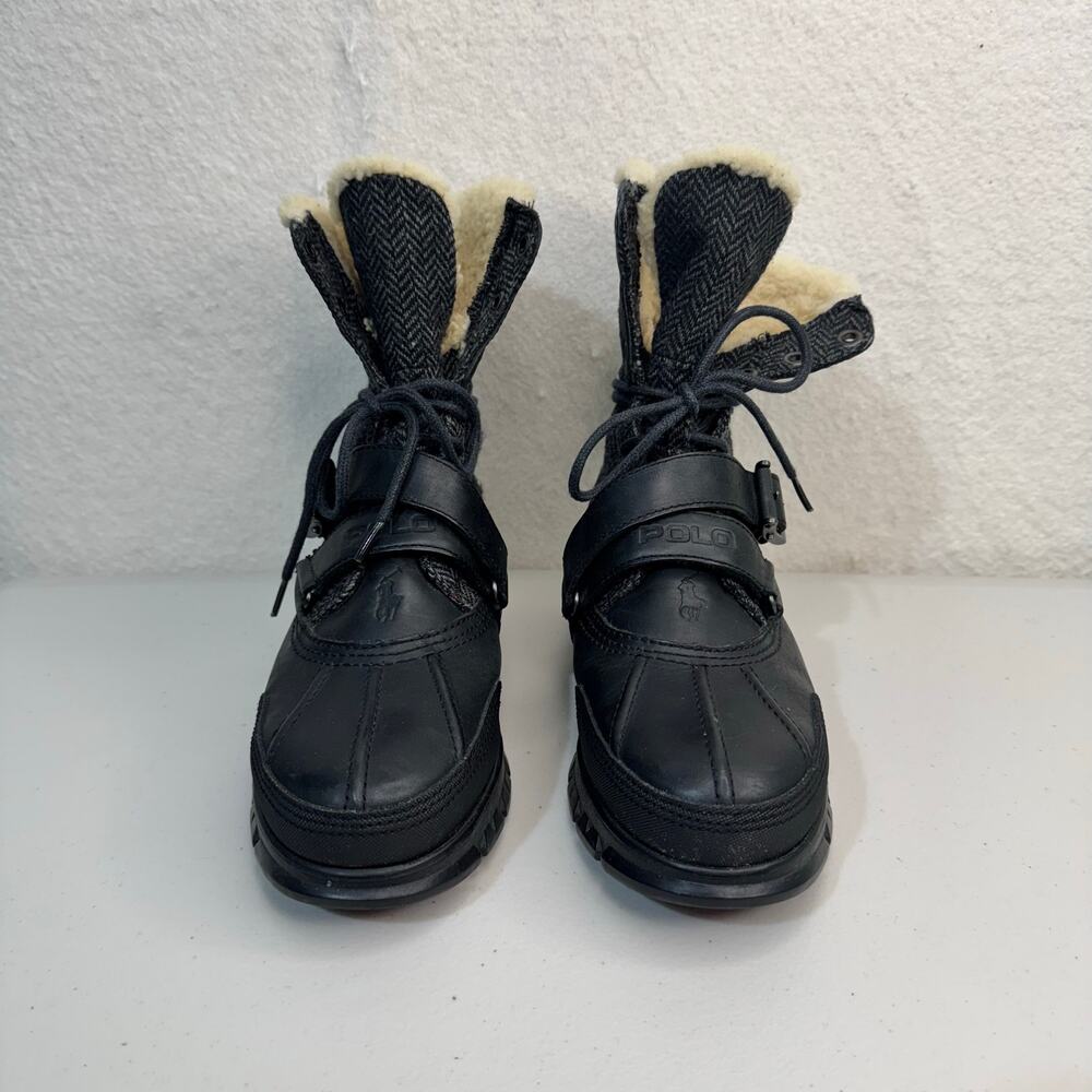 Polo Ralph Lauren Tavin Rollover Shearling Boots Black Leather Buckle Lace-Up 7D